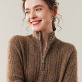 Womens Cable Knit Cashmere Sweater Half Zip Mock Neck Cashmere Blouse Camel XS