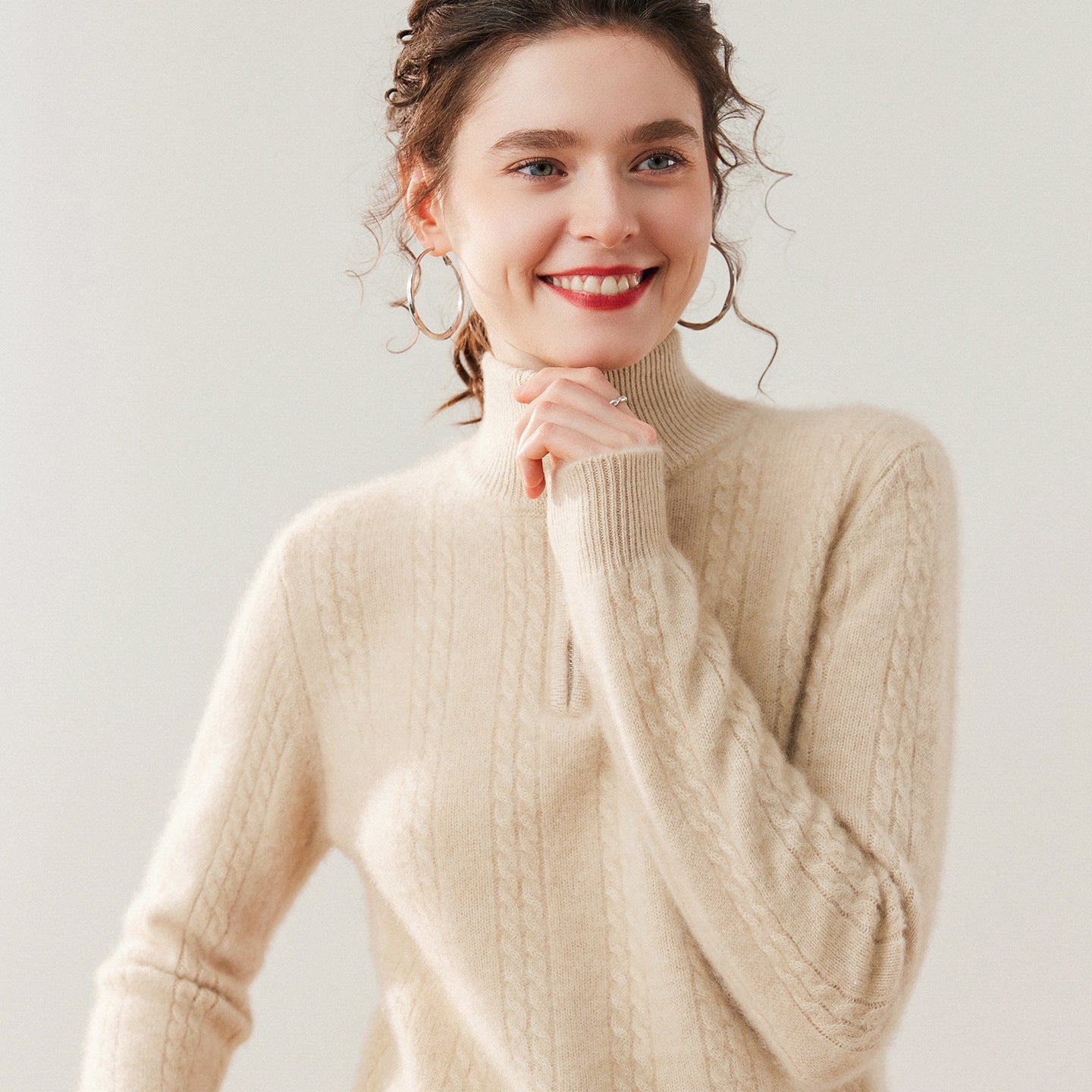 Womens Cable Knit Cashmere Sweater Half Zip Mock Neck Cashmere Blouse Beige XS