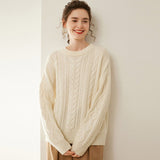 Womens Cable Knit Cashmere Sweater Round Neck Cashmere Pullover Ivory XS