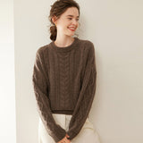 Womens Cable Knit Cashmere Sweater Round Neck Cashmere Pullover Coffee XS