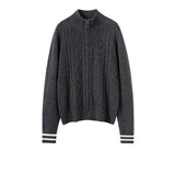 Womens Cable Knit Quarter-Zip Pure Cashmere Sweater Contrast Striped Cashmere Pullover Gray XS