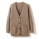 Womens Cable Knit V - Neck Cashmere Cardigan With Pockets Cashmere Coat