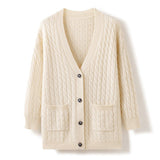 Womens Cable Knit V - Neck Cashmere Cardigan With Pockets Cashmere Coat