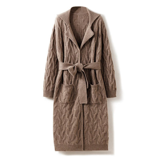 Womens Long Cable Knit Belted Pure Cashmere Cardigan Open - front Coat