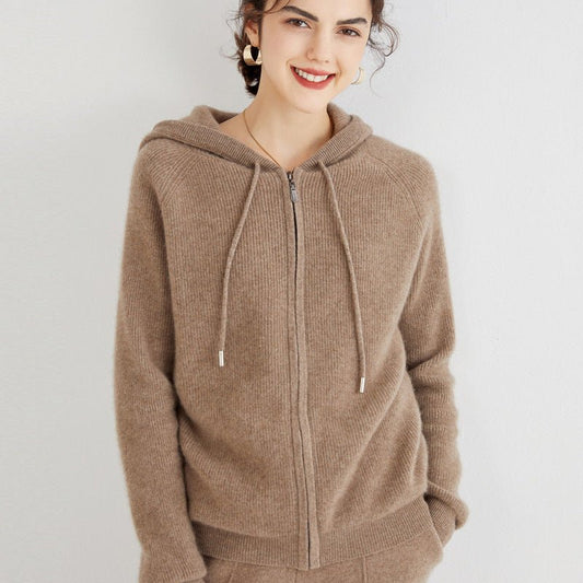 Womens Cashmere Zip - Up Hoodie Drawstring Knitted Cashmere Cardigan