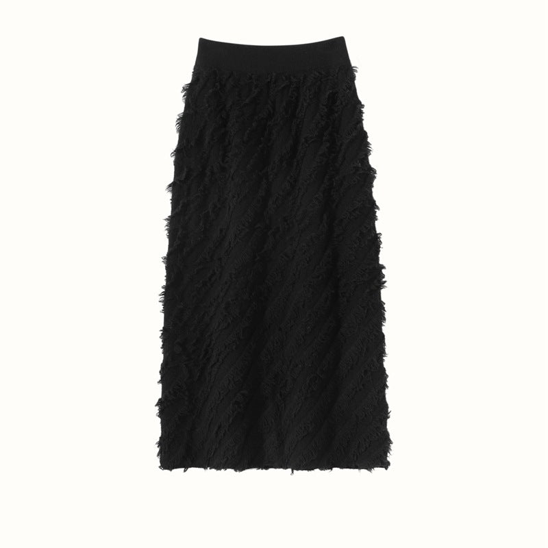 Women's Cashmere Midi Skirt with Tassels Knitted Cashmere Fitted Skirt Dresses - slipintosoft