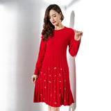 Womens Cashmere Pleated Dresses Long Sleeve Red Cashmere Floral Dress Slim Fit Women Cashmere Dress