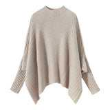 Womens Cashmere Poncho Sweater with Sleeves Ribbed Mock Neck Cashmere Cloak Claret One Size