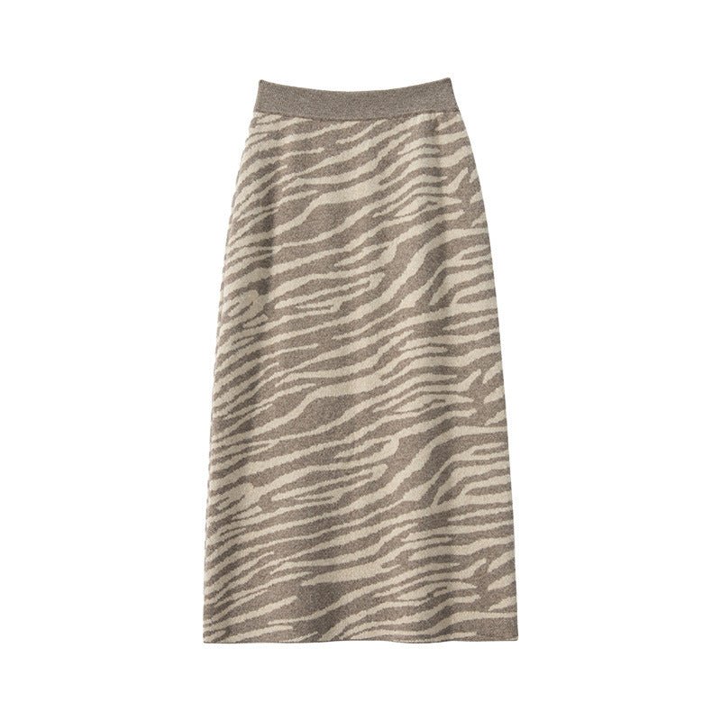 Womens Cashmere Knit Midi Skirt High Waist Zebra Stripe Print Dress