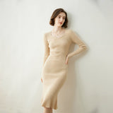 Womens Cashmere Sweater Dress Long Sleeve Ribbed Knit Cashmere Midi Dress Beige XS