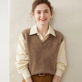 Womens Cashmere Sweater Vest Sleeveless Cashmere Knit Pullover Rib Hem Taupe XS