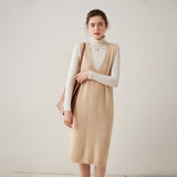 Womens Cashmere Vest Dress V Neck Cable Knit Sleeveless Cashmere Midi Dress Beige XS