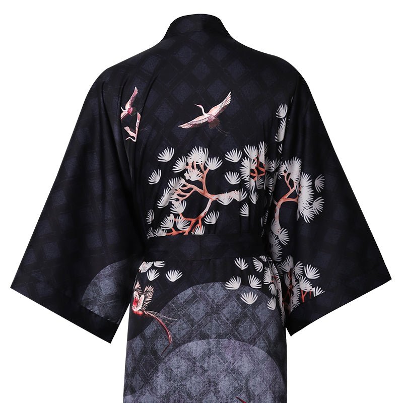 Women's Long Silk Kimono Robe with Belt Cranes Prints Landscape Painting Classic Both Robe - slipintosoft