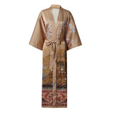 Women's Long Silk Kimono Robe with Belt Cranes Prints Landscape Painting Classic Both Robe - slipintosoft