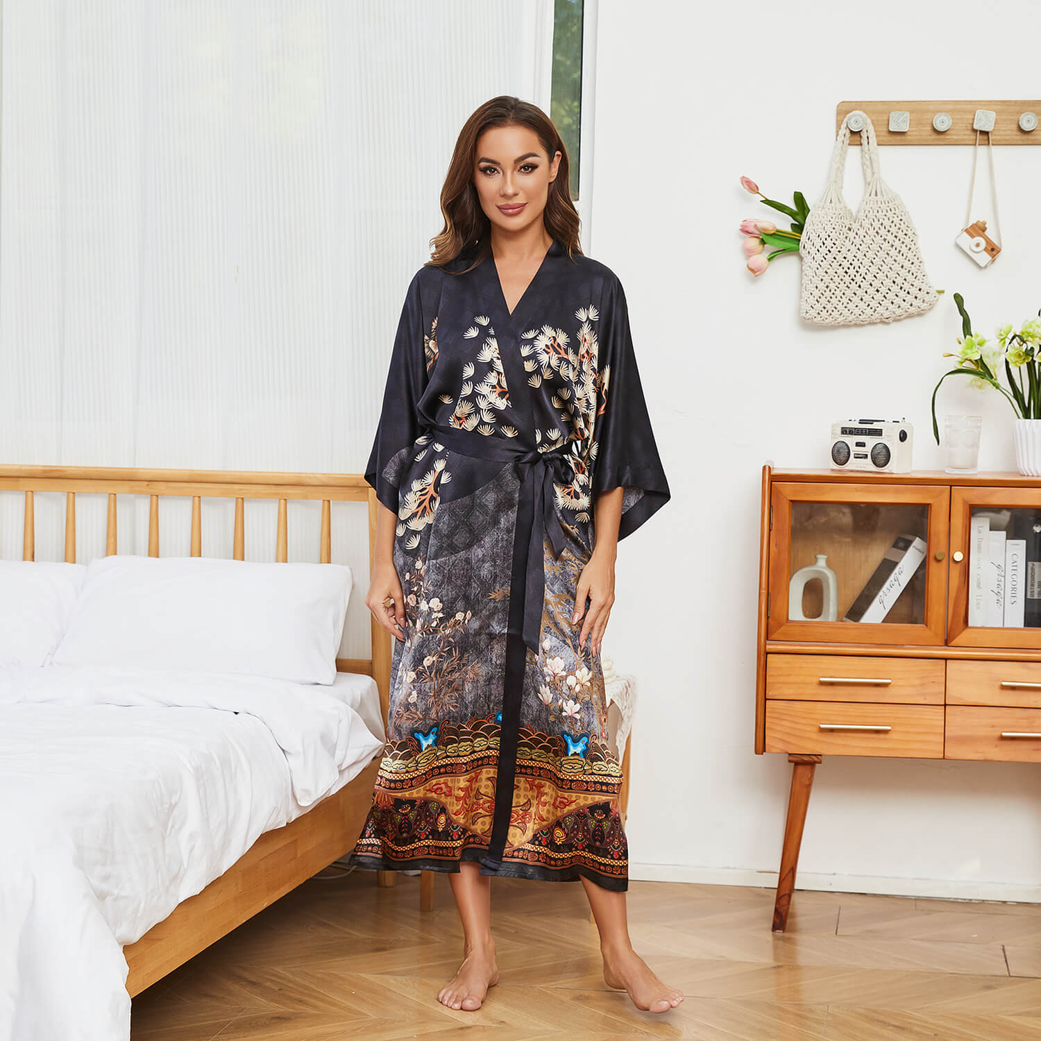 Women's cranes print pure Silk Kimono Robe with Belt Silk Bathrobe - slipintosoft