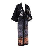 Women's Long Silk Kimono Robe with Belt Cranes Prints Landscape Painting Classic Both Robe - slipintosoft