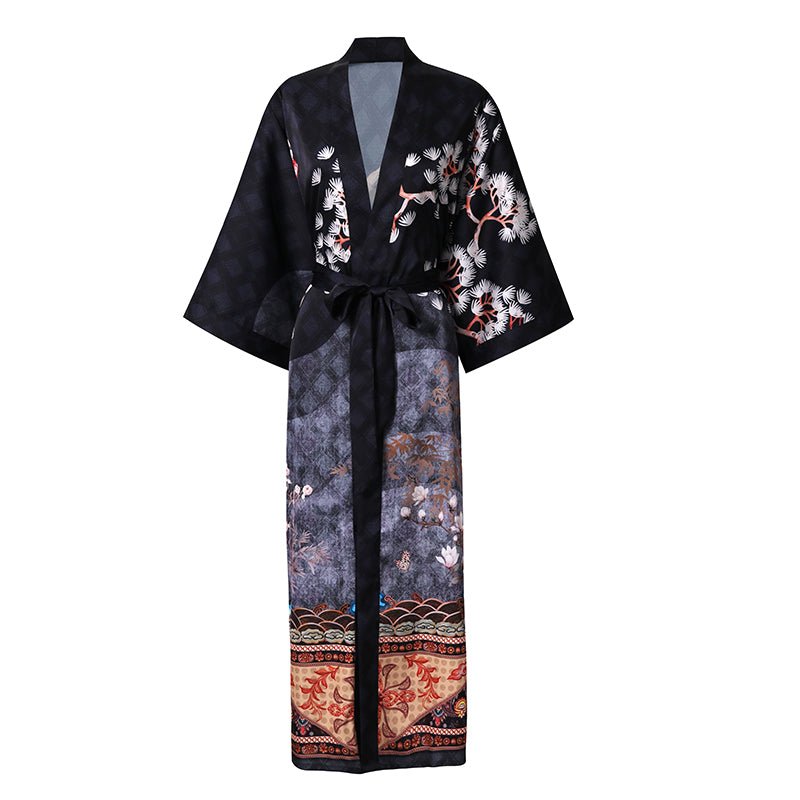 Women's Long Silk Kimono Robe with Belt Cranes Prints Landscape Painting Classic Both Robe - slipintosoft