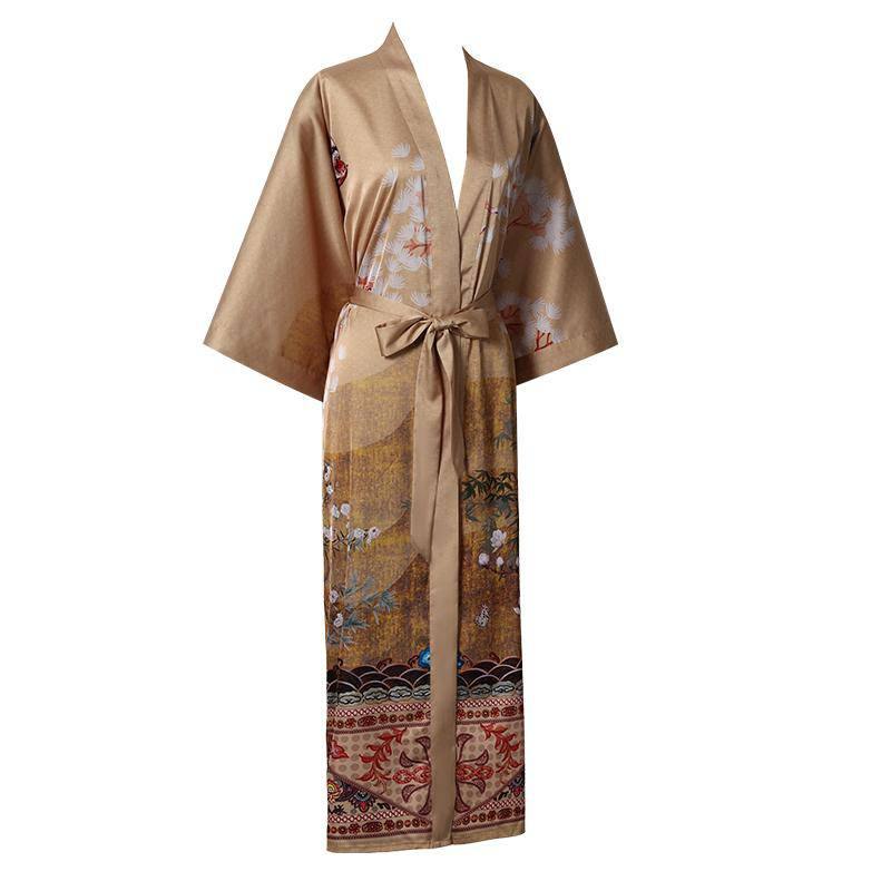 Women's Long Silk Kimono Robe with Belt Cranes Prints Landscape Painting Classic Both Robe - slipintosoft