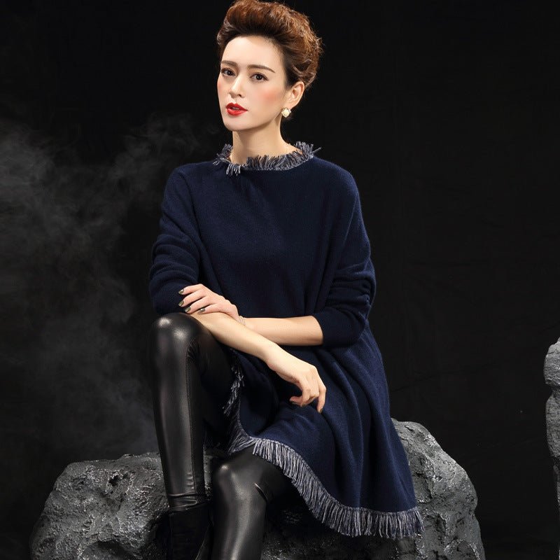 Womens Crew Neck Cashmere Dresses Long Sleeve Cashmere Sweater Dress with Tassel - slipintosoft