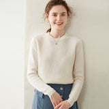 Womens Crew Neck Cashmere Sweater Ribbed Texture Cashmere Pullover Ivory XS