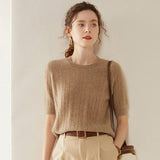 Womens Crew Neck Cashmere Sweater Short Sleeve Textured Cashmere Knit Top Camel XS