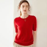Womens Crew Neck Cashmere Sweater Short Sleeve Textured Cashmere Knit Top Red XS