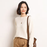 Womens Crew Neck Pure Cashmere Sweater Textured Long Sleeve Cashmere Knit Pullover Ivory XS