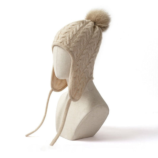 Womens Cute Cashmere Knitted Hat with Fur Pom Warm Cashmere Earflap Cap Cashmere Hats