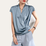 Women's Dark Grey Short Sleeve Silk Wrap Blouse - slipintosoft