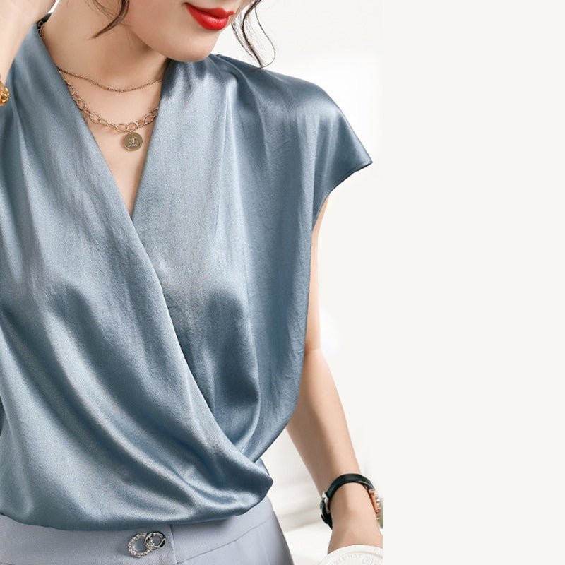 Women's Dark Grey Short Sleeve Silk Wrap Blouse - slipintosoft