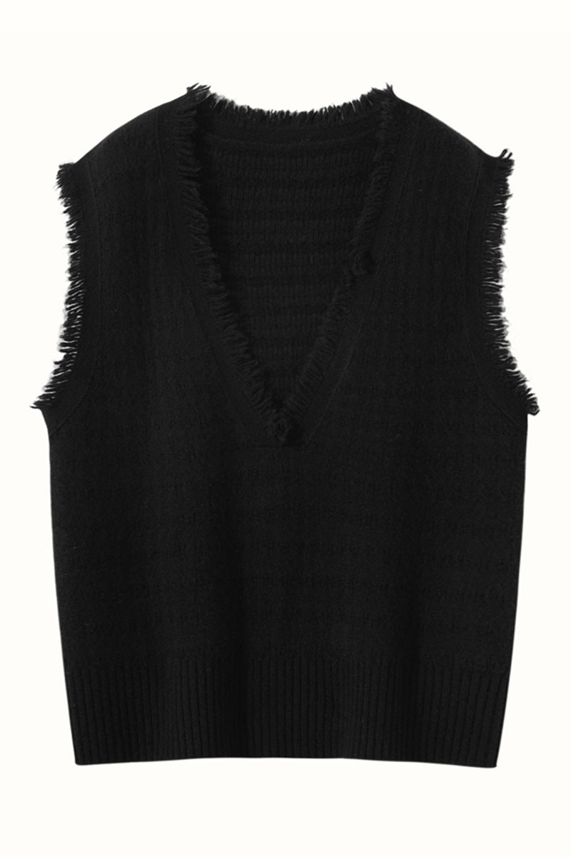 Womens Fringed V - Neck Cashmere Sweater Sleeveless Cashmere Vest