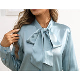 Pure Silk Shirts for Womens Bow Tie Neck Silk Blouse Elegant Long Sleeve Lady Silk Tops - slipintosoft