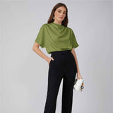 Womens Elegant 100% Mulberry Silk Blouse Short Sleeves Draped Neck Top - slipintosoft