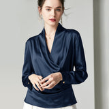 Womens Long Sleeves Loose Wrap Silk Blouse - slipintosoft