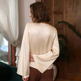 Women's Fashionable V-neck Bell Sleeve Long Sleeve Silk Blouse - slipintosoft