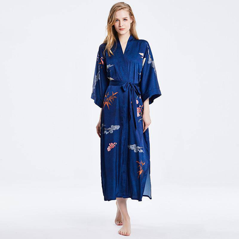 Long 100% Silk Kimono Robe Dark Blue Floral Printed  Women High Waist  Elegant Sleepwear Fancy Night Wears All Sizes -  slipintosoft