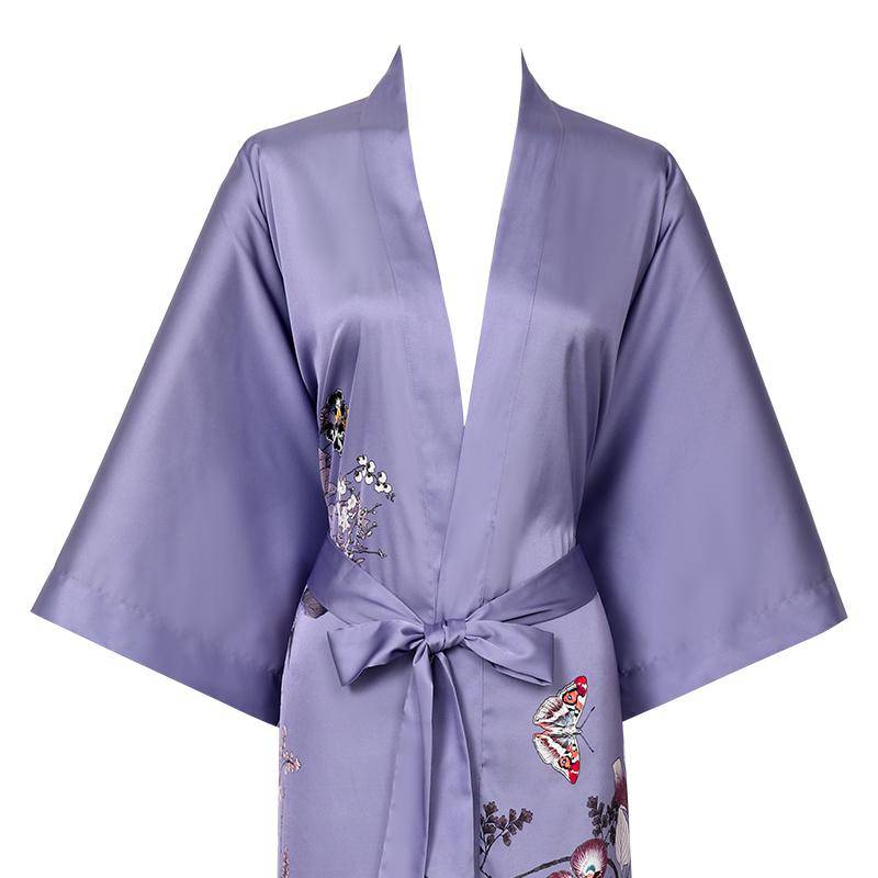 Women's Long Purple Silk Kimono Robe with Sash Colorful Blossoms and Butterflies Paints All Sizes - slipintosoft