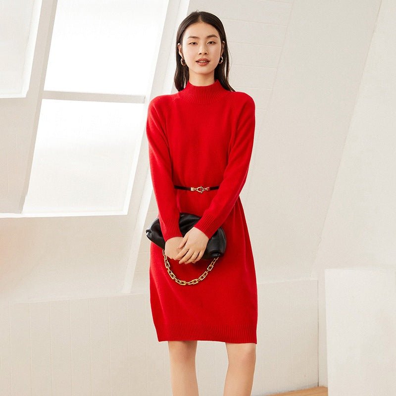 Women's Half Turtleneck Cashmere Dresses Long Cashmere Sweater Dress - slipintosoft