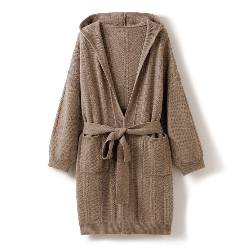 Womens Hooded Cashmere Belted Cardigan Patch Pockets Cashmere Coat