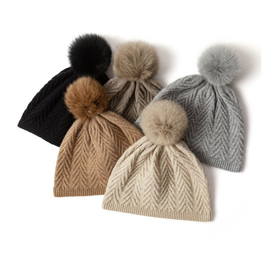 Womens Knitted Cashmere Beanie with Fur Pom Warm Pure Cashmere Hats Multi Colors - slipintosoft