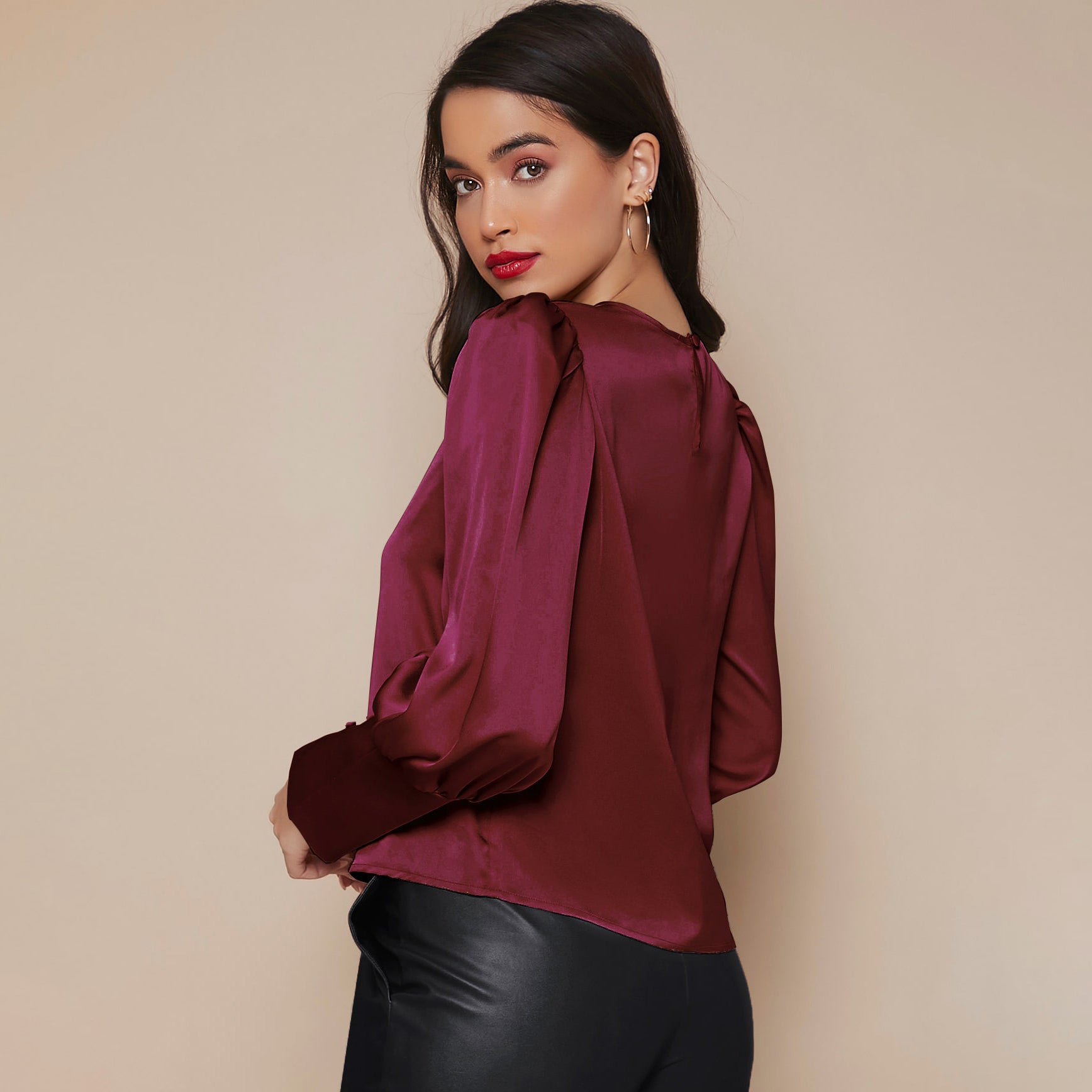 Women's Lantern Sleeve Silk Blouse Long Sleeves Silk Shirt