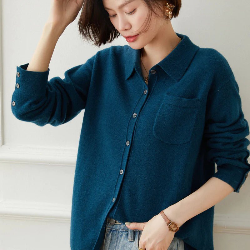 Women's Polo Neck Cashmere Cardigan Button Front Pocket Long Sleeve Cashmere Tops - slipintosoft