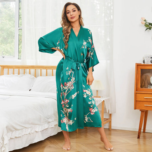 kvinnors långa Blossom Printing ren Silk Kimono Robes Silk Morgonrock