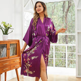 women's long Blossom Printing pure Silk Kimono Robes Silk Bathrobe - slipintosoft