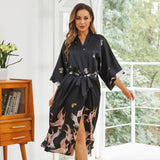 100% Silk Long Kimono Robe with Belt Women's Nighties Crane Prints - slipintosoft