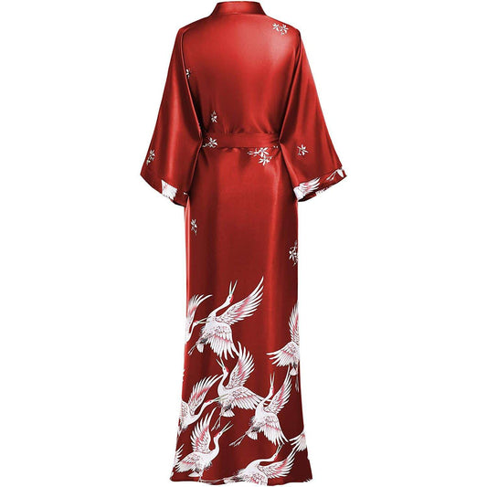 Womens Long Crane Prints Pure Silk Kimono Robes