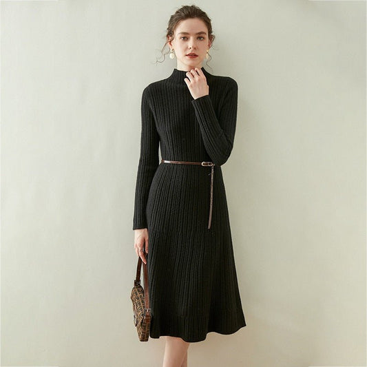 Womens Long Mock Neck Cashmere Dress A Line Slim Fit Cashmere Ribbing Dresses Women Cashmere Dress