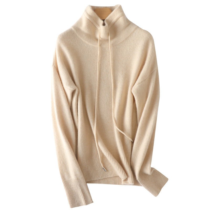 Women's Loose Tie Mock Neck Cashmere Sweater Long Sleeve Warm Cashmere Tops - slipintosoft