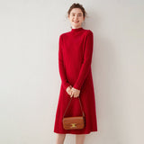 Womens Mock Neck Cashmere Dress Cashmere Midi Dress Bottom Dress Red XS