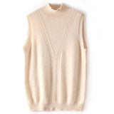 Womens Mock Neck Sleeveless Cashmere Vest With Cable Knit Detailing